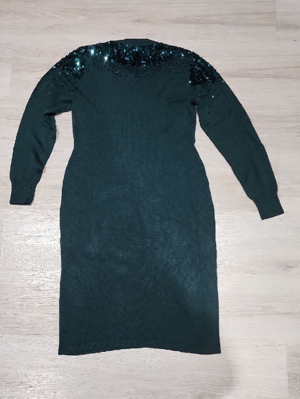 Nina Leonard Dark Green Sequin-Yoke Long Sleeve Knit Dress Small - Picture 4 of 5